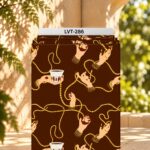 Bold artistic design featuring elegant illustrated hands, golden jewelry and flowing pearl strands with traditional coffee cups on a rich chocolate-brown background.