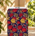 Rich botanical floral design featuring bold red and golden blooms with elegant detailed foliage on a deep navy background.