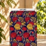 Rich botanical floral design featuring bold red and golden blooms with elegant detailed foliage on a deep navy background.