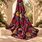 Rich botanical floral design featuring bold red and golden blooms with elegant detailed foliage on a deep navy background. - Image 2
