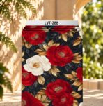 Dramatic floral design with bold red and ivory blooms, golden foliage, and deep charcoal leaves on a rich black background.