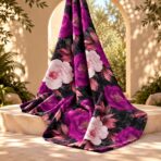 ⁦Bold floral design with rich magenta and soft blush blooms, rose-toned foliage, and deep charcoal leaves on a black background.⁩ - الصورة ⁦2⁩