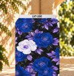 Striking floral design with vivid royal blue and soft white blooms, lavender foliage, and deep charcoal leaves on a rich black background.