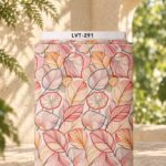 Elegant botanical design with layered leaves in soft blush, peach, beige, and coral tones, outlined with delicate contrasting details.