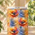 Artistic watercolor floral design with oversized blooms in vibrant orange, golden yellow, soft blue, and smoky grey tones.