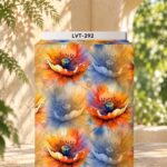 Artistic watercolor floral design with oversized blooms in vibrant orange, golden yellow, soft blue, and smoky grey tones.