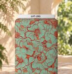 Artistic floral linework design with oversized mint green blooms outlined in bold red and warm orange accents.