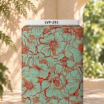Artistic floral linework design with oversized mint green blooms outlined in bold red and warm orange accents.