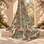 Artistic floral linework design with oversized mint green blooms outlined in bold red and warm orange accents. - Image 2