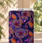 Bold abstract floral design with oversized stylized blooms and flowing details in navy, cobalt blue, pink, purple, burnt orange, and vivid red.