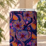 Bold abstract floral design with oversized stylized blooms and flowing details in navy, cobalt blue, pink, purple, burnt orange, and vivid red.