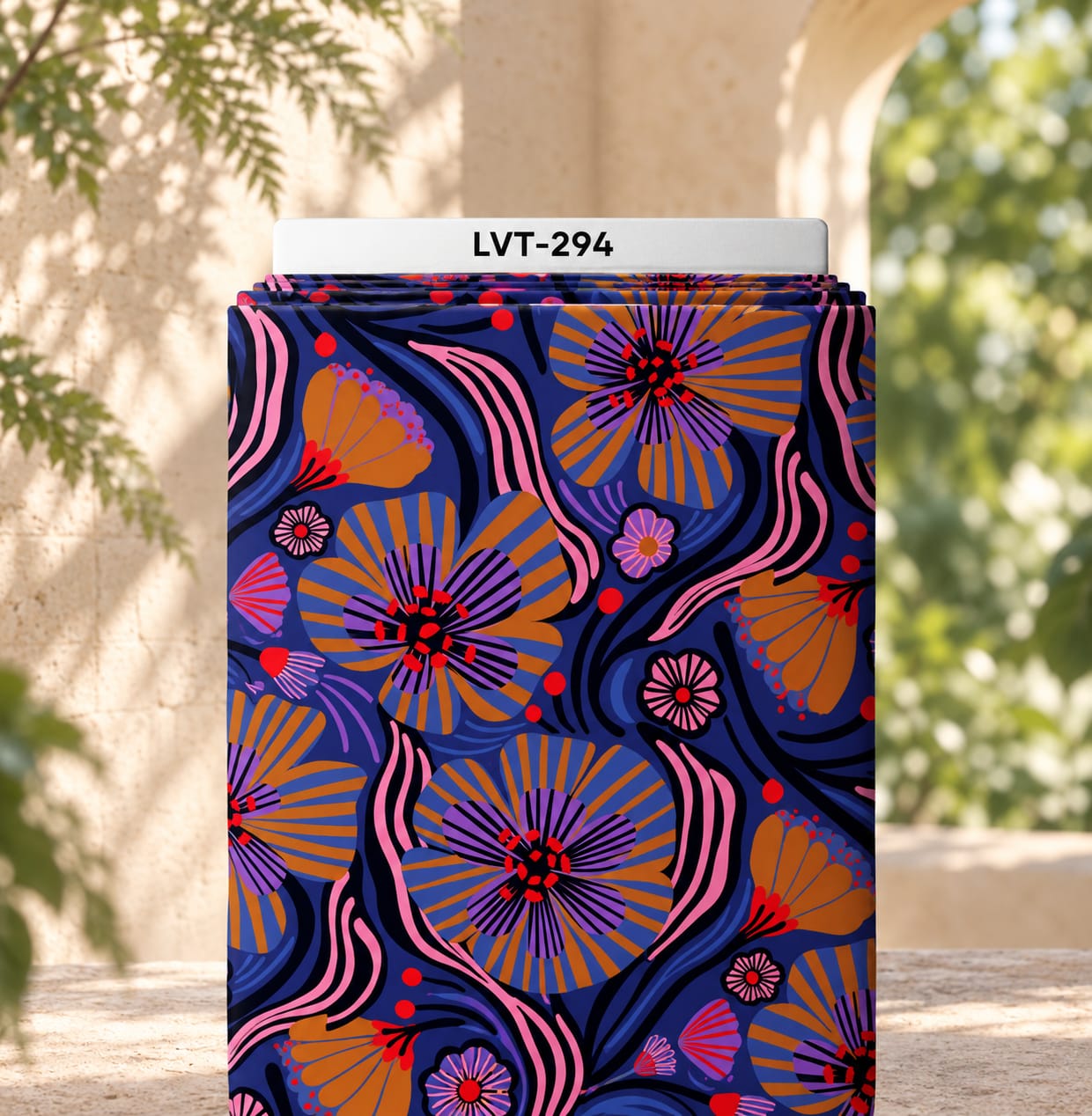 LVT-294 Bold abstract floral design with oversized stylized blooms and flowing details in navy, cobalt blue, pink, purple, burnt orange, and vivid red. - Image 1