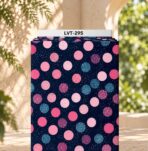 Playful polka dot design with pink, blush, berry, and teal circles, featuring subtle glitter effects on a deep navy speckled background.
