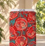 Bold artistic floral design with vivid red poppy-style blooms, turquoise accents, cream outlines, and scattered white details.