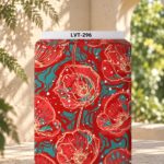 Bold artistic floral design with vivid red poppy-style blooms, turquoise accents, cream outlines, and scattered white details.
