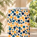 Playful polka-dot design with varied circle sizes in navy, teal, and golden orange on a soft cream background.