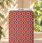 Vibrant ornamental medallion pattern with repeating floral motifs in red, orange, royal blue, cream, and black.