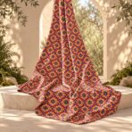 Vibrant ornamental medallion pattern with repeating floral motifs in red, orange, royal blue, cream, and black. - Image 2