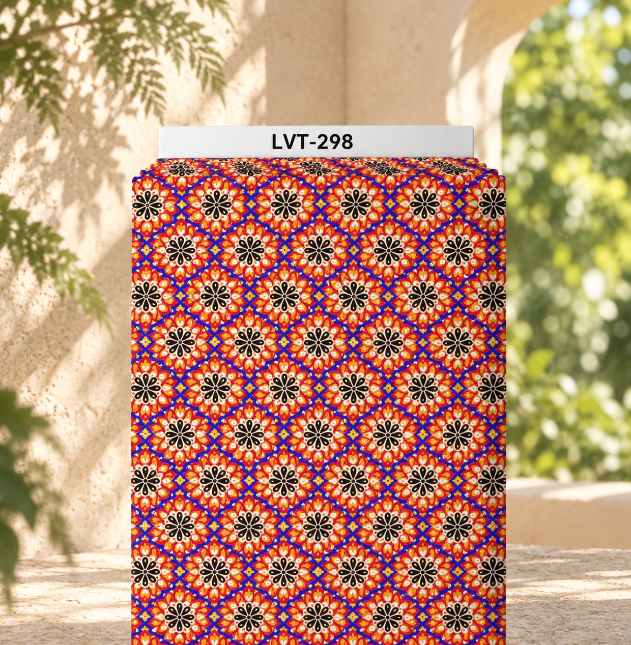 LVT-298 Vibrant ornamental medallion pattern with repeating floral motifs in red, orange, royal blue, cream, and black. - Image 1
