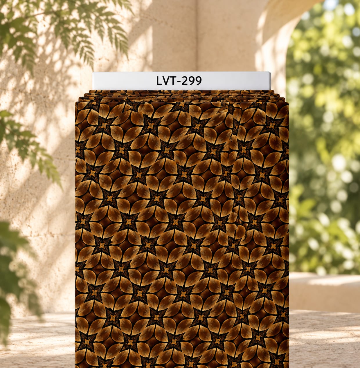 LVT-299 Rich repeating floral motif in warm bronze and golden-brown tones with deep black detailing, creating an elegant vintage look. - Image 1