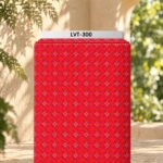 Elegant woven lattice design in vivid red and pink tones, accented with small repeating golden floral motifs