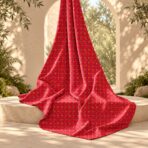 Elegant woven lattice design in vivid red and pink tones, accented with small repeating golden floral motifs - Image 2