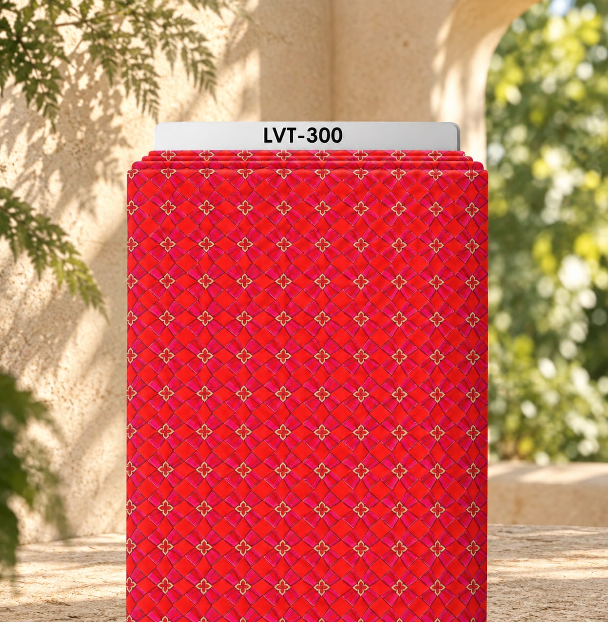 LVT-300 Elegant woven lattice design in vivid red and pink tones, accented with small repeating golden floral motifs - Image 1