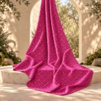 Elegant interwoven lattice pattern in vivid fuchsia and pink tones, accented with small repeating golden floral motifs - Image 2