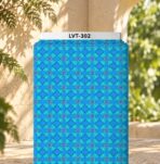 Elegant repeating lattice design in vibrant blue and turquoise tones, accented with delicate purple floral motifs.