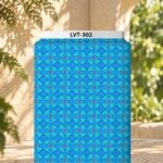 Elegant repeating lattice design in vibrant blue and turquoise tones, accented with delicate purple floral motifs.