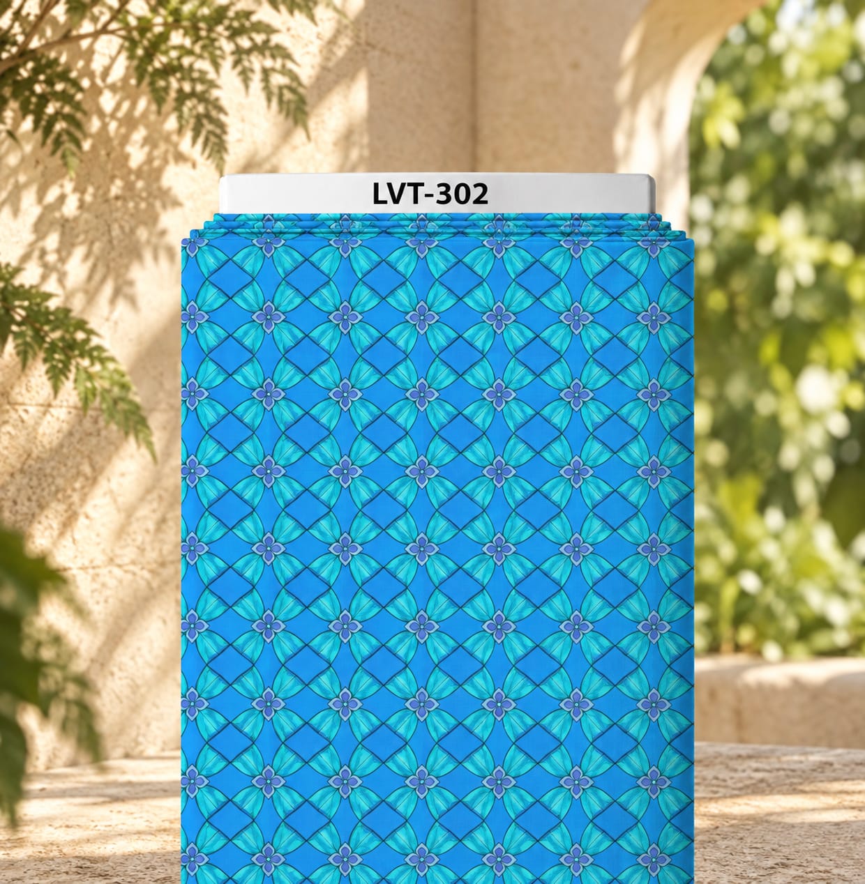 LVT-302 Elegant repeating lattice design in vibrant blue and turquoise tones, accented with delicate purple floral motifs. - Image 1