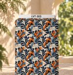 Flowing botanical design with layered leaves in deep navy, burnt orange, soft blue, and cream, creating a bold contemporary look.