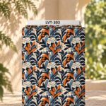 Flowing botanical design with layered leaves in deep navy, burnt orange, soft blue, and cream, creating a bold contemporary look.