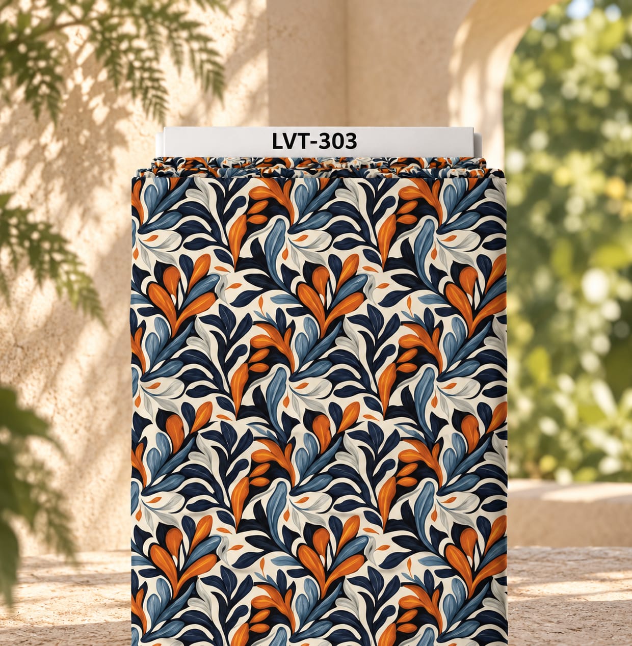 LVT-303 Flowing botanical design with layered leaves in deep navy, burnt orange, soft blue, and cream, creating a bold contemporary look. - Image 1