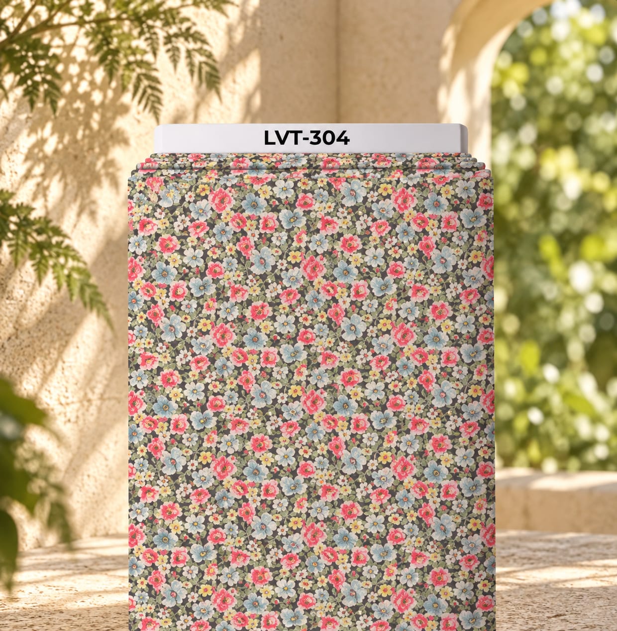 LVT-304 Delicate all-over floral print featuring small pink, soft blue, cream, and yellow blossoms on a muted dark background. - Image 1
