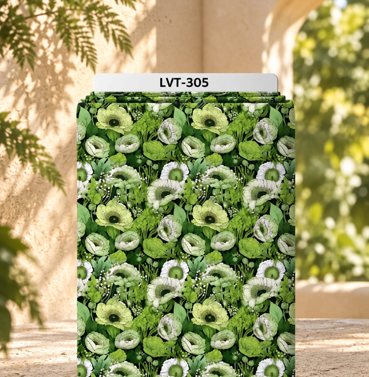 LVT-305 Lush botanical floral print featuring layered green and ivory blooms with dense foliage in rich shades of green. - Image 1
