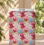 Vibrant all-over floral print featuring layered blossoms in pink, red, blue, ivory, green, and soft yellow tones.