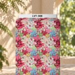 Vibrant all-over floral print featuring layered blossoms in pink, red, blue, ivory, green, and soft yellow tones.