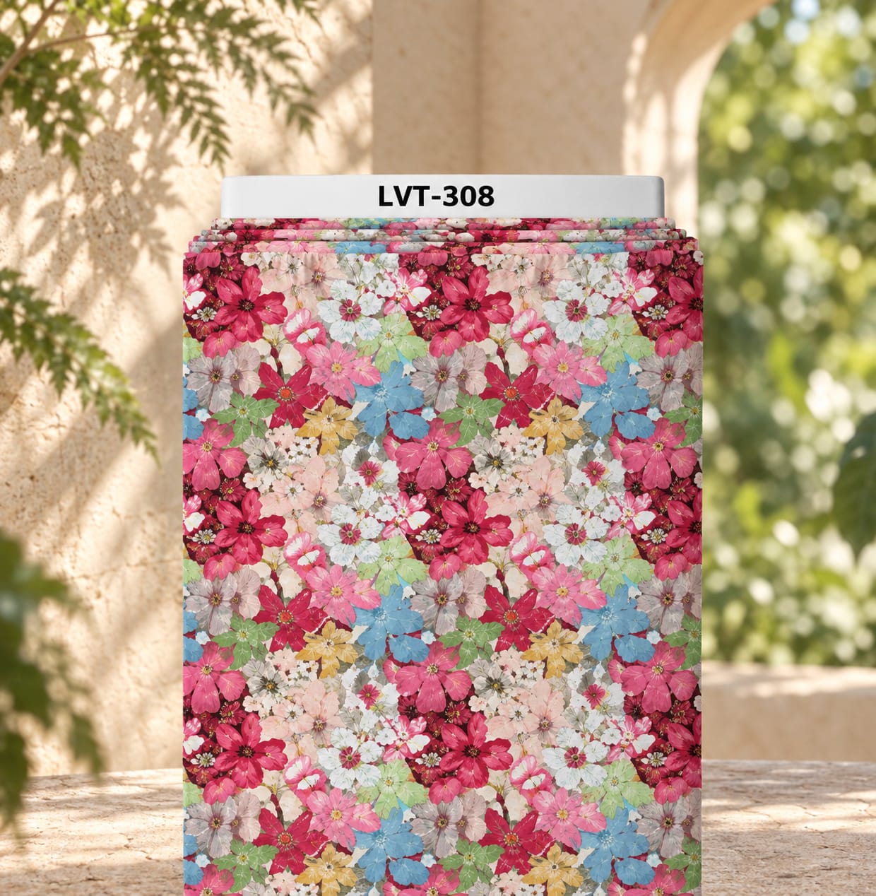 LVT-308 Vibrant all-over floral print featuring layered blossoms in pink, red, blue, ivory, green, and soft yellow tones. - Image 1