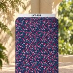 Delicate micro-floral print featuring tiny pink, red, and white blossoms with subtle blue-green leaves on a deep navy background.