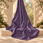 ⁦Delicate micro-floral print featuring tiny pink, red, and white blossoms with subtle blue-green leaves on a deep navy background.⁩ - الصورة ⁦2⁩