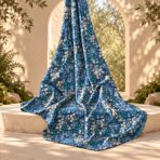 Delicate all-over floral print featuring clusters of tiny blue and white blossoms with subtle green and golden stems on a deep blue background. - Image 2