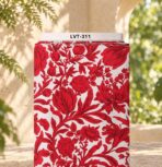 Elegant red floral print with detailed blossoms and flowing leaves on a clean ivory background.