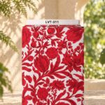 Elegant red floral print with detailed blossoms and flowing leaves on a clean ivory background.