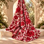 Elegant red floral print with detailed blossoms and flowing leaves on a clean ivory background. - Image 2