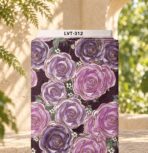 Elegant purple and lilac rose print with soft green leaves and delicate golden accents on a deep plum background.