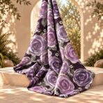 Elegant purple and lilac rose print with soft green leaves and delicate golden accents on a deep plum background. - Image 2