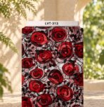 Artistic red rose print with black leafy details and expressive sketch-style lines on a soft neutral background.