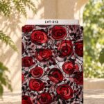 Artistic red rose print with black leafy details and expressive sketch-style lines on a soft neutral background.
