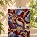 Luxurious botanical print with ornate gold, deep blue, and silver floral details on a rich burgundy background.